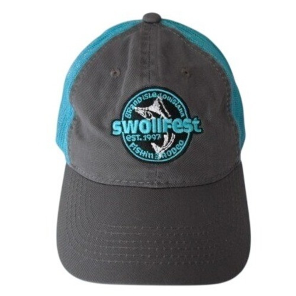 SwollFest Fishing Rodeo Trucker Hat Gray Blue Grand Isle‎ LA Strapback Mesh Cap